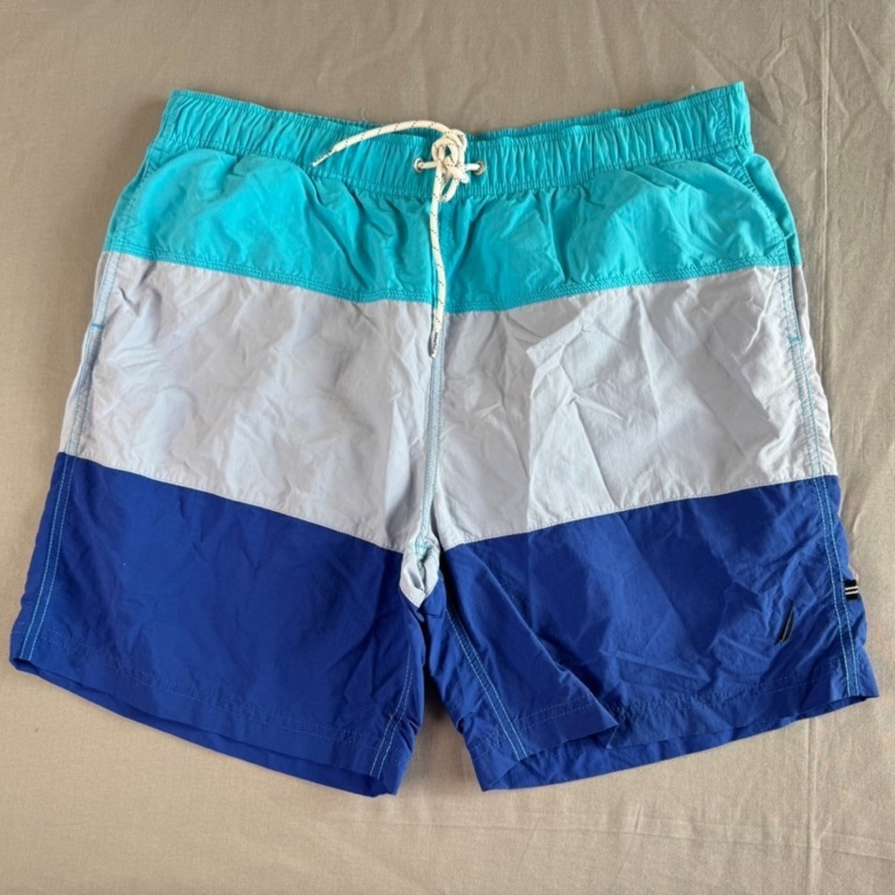 Nautica Blue Gray Striped Mens Large Drawstring Logo Swim Trunks Board Shorts